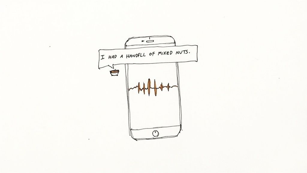 A hand-drawn smartphone displays a voice waveform and a speech bubble with the text about mixed nuts.
