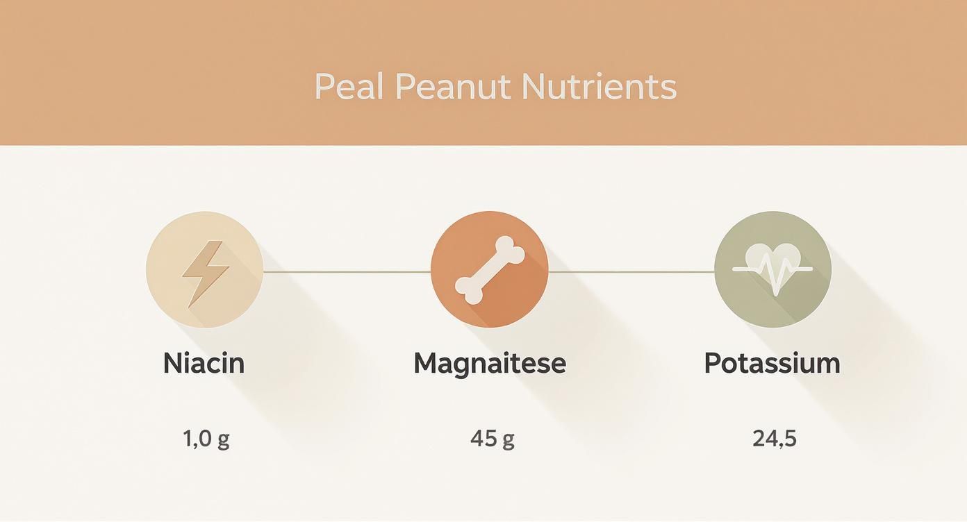 An infographic displaying Peal Peanut Nutrients: Niacin (1.0 g), Magnaiese (45 g), and Potassium (24.5).