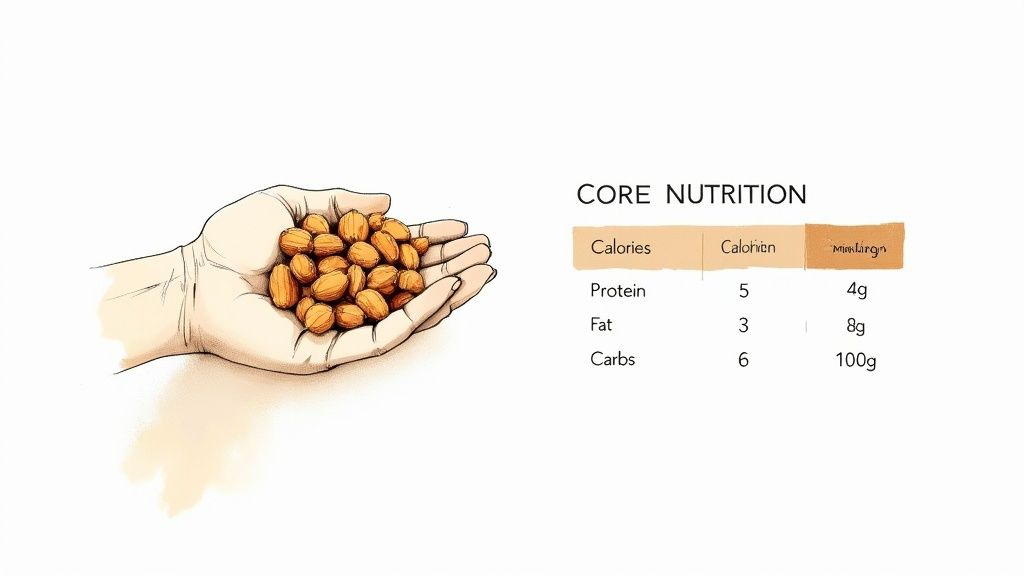 A hand holding a handful of nuts beside a nutrition table showing protein, fat, and carbs values.