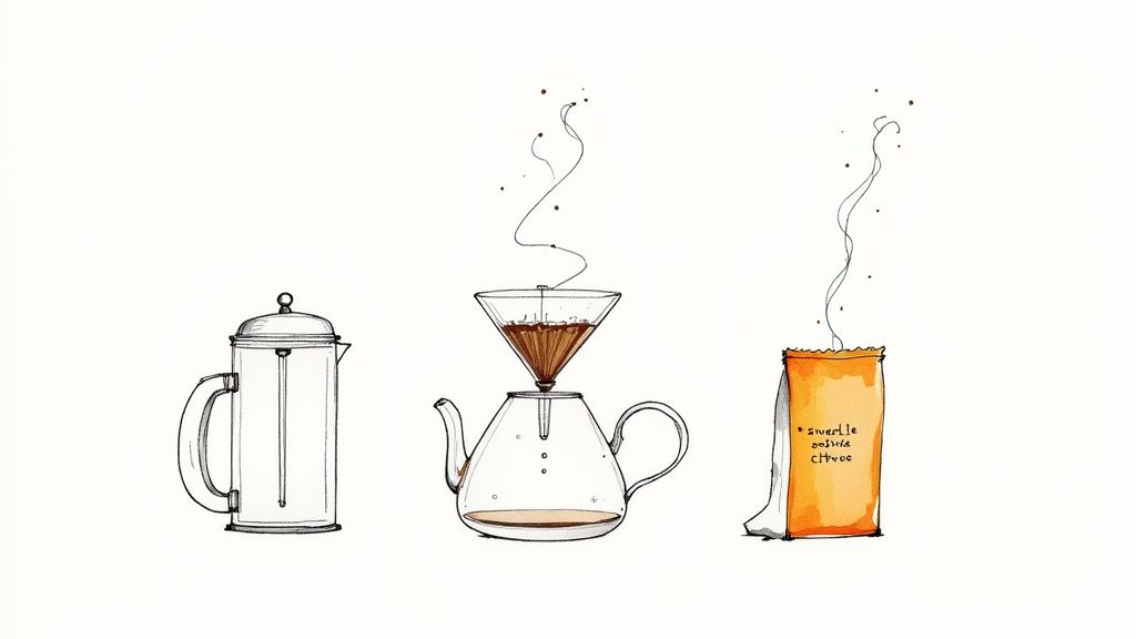 Three illustrations of hot beverage preparation methods: a French press, pour-over coffee, and an instant packet.