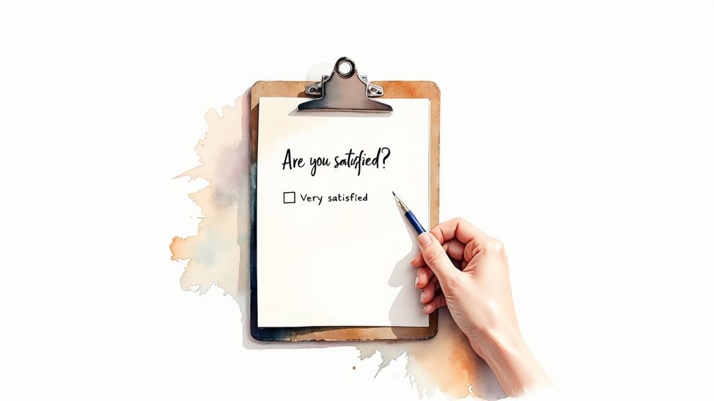 A hand with a pen marking 'Very satisfied' on a survey asking 'Are you satisfied?' on a clipboard.