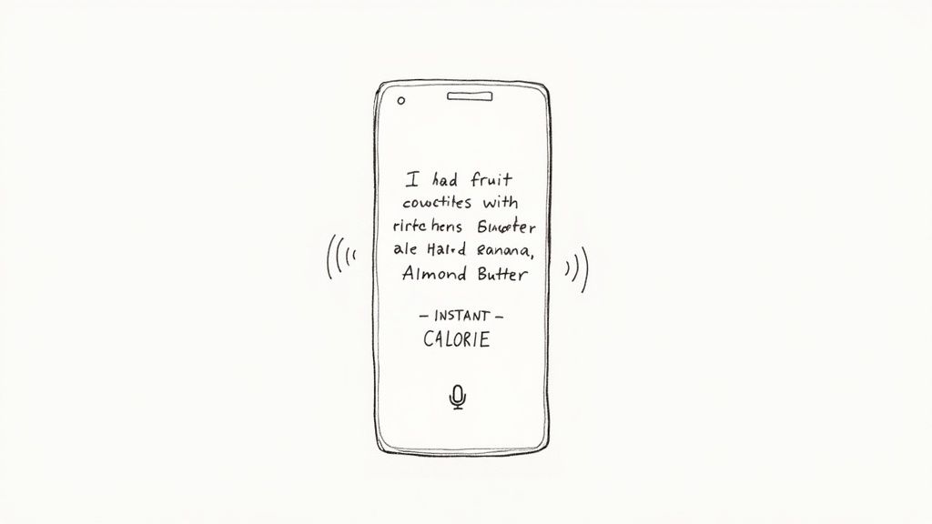 A person using their phone to track their meal, with a colorful fruit bowl nearby.