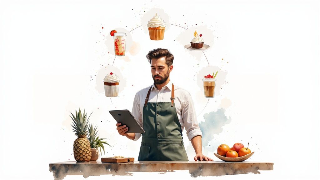 A team of restaurant staff in a pre-shift huddle, looking focused and engaged.