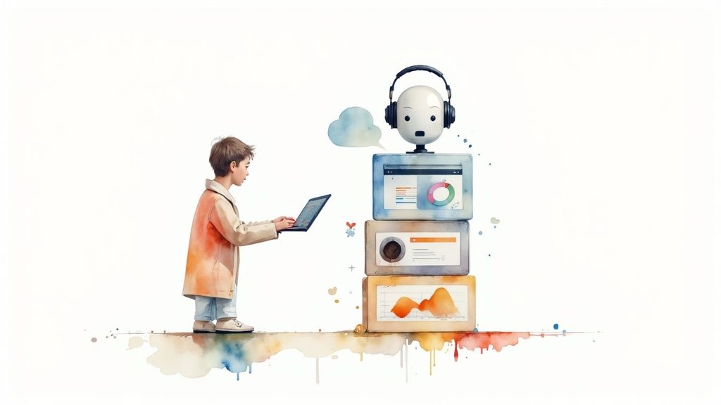 A boy uses a laptop, interacting with an AI robot and data visualization screens.