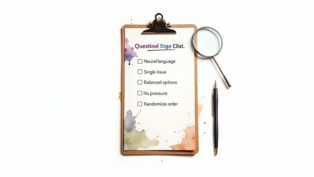 A clipboard displaying a checklist with items like 'Neural language' and 'Randomiize order,' alongside a pen and magnifying glass.
