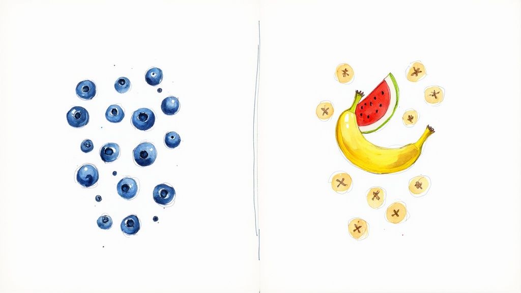 A close-up of various fruits like berries, melon, and grapes being prepared in a kitchen.