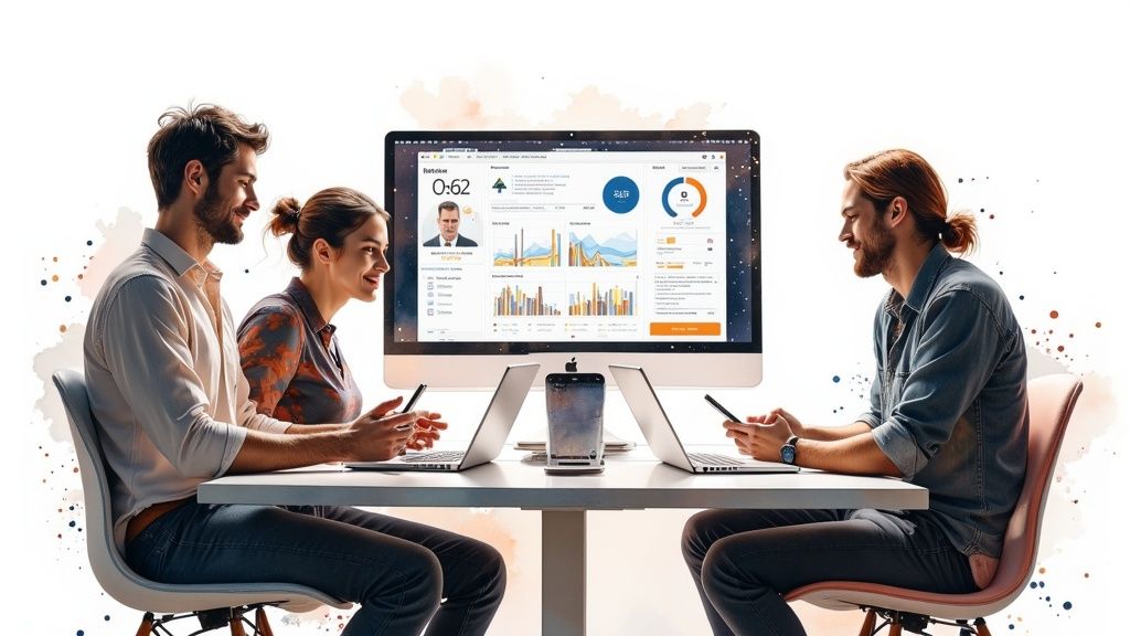 Three young professionals collaborate in an office, using laptops, phones, and a large data dashboard display.