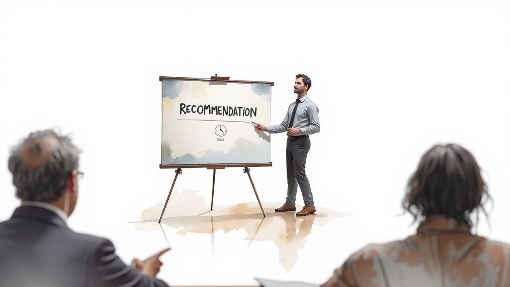 A man in a shirt and tie presents a whiteboard with "RECOMMENDATION" to an audience.