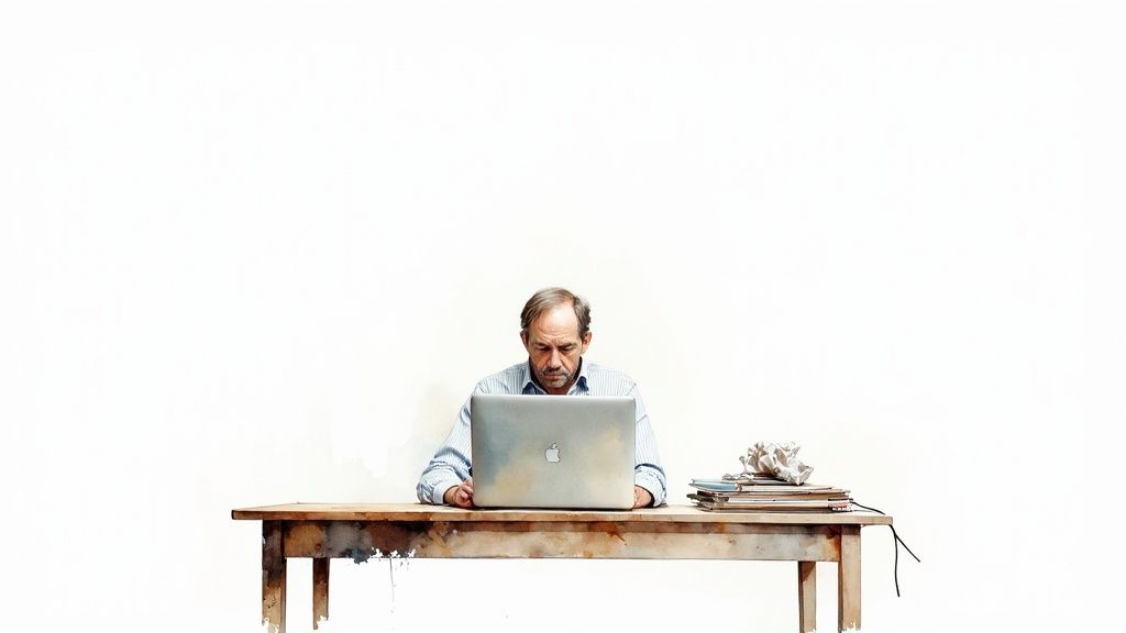 Professional businessman working on laptop at rustic wooden desk reviewing client feedback