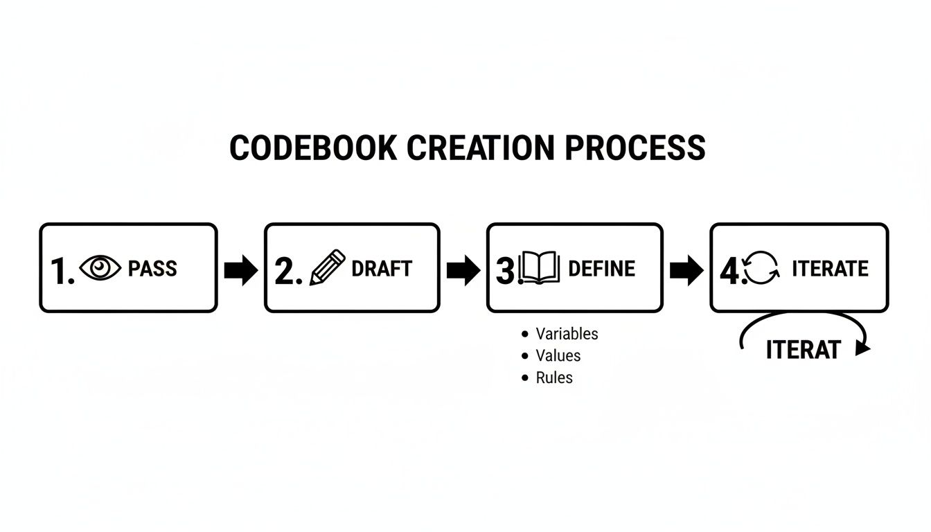 Flowchart illustrating the four-step codebook creation process: Pass, Draft, Define, and Iterate.