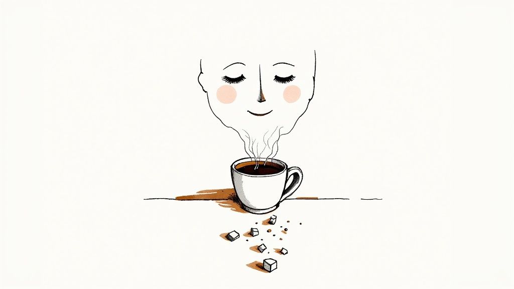 Illustration of a serene face inhaling aromatic steam from a coffee cup, next to fallen sugar cubes.