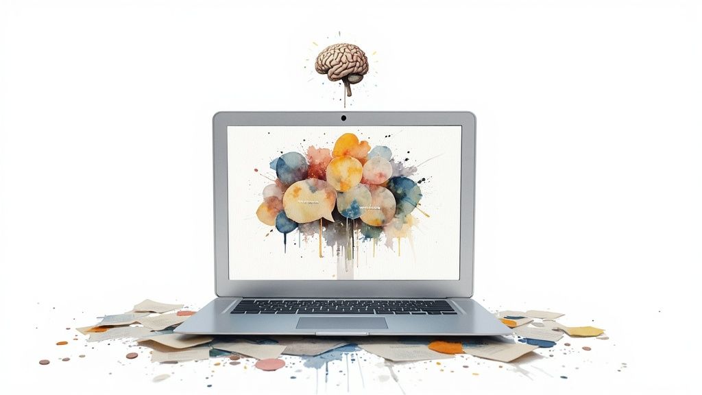 A laptop with colorful watercolor speech bubbles, a brain above, symbolizing the qualitative research coding process.