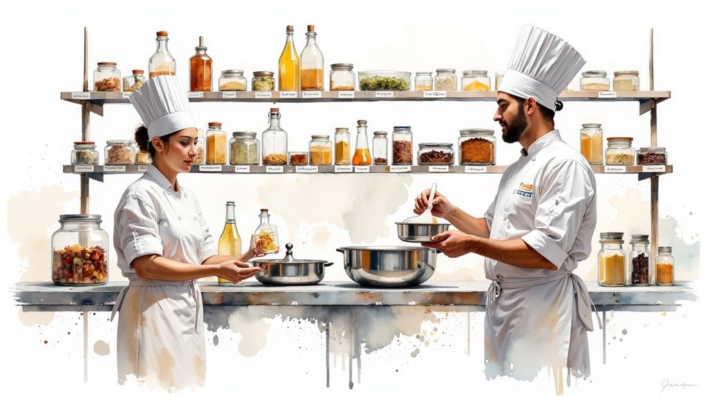 A restaurant owner focused and working on a laptop in their establishment.