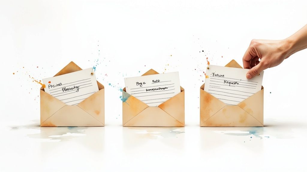 Three envelopes with handwritten notes, including feedback, being opened by a hand amidst colorful splatters.