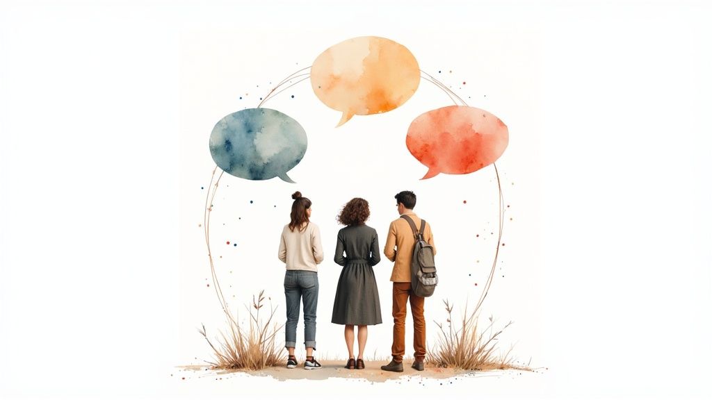 Three people facing away, looking at three interconnected watercolor speech bubbles representing communication and discussion.
