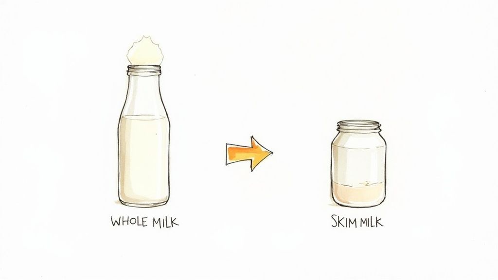 A glass of skim milk being poured from a bottle, with a white background.