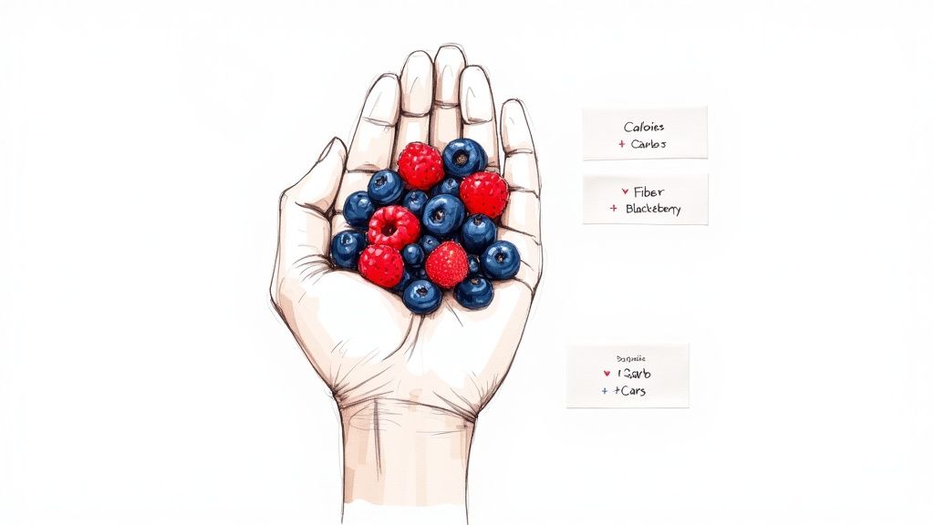 Hand holding fresh raspberries and blueberries with nutritional information labels showing calories, fiber, and carbohydrates