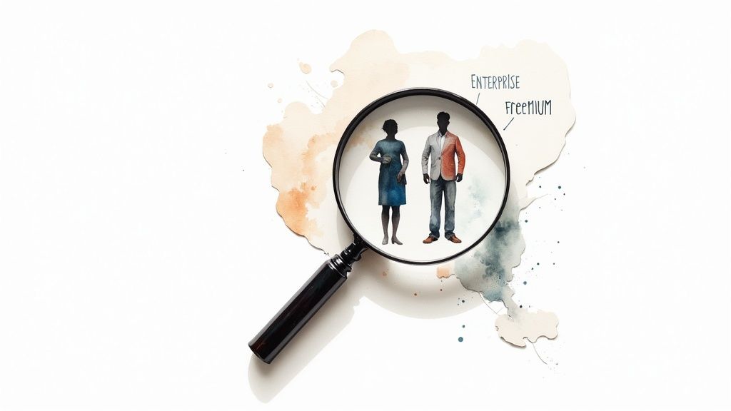 Magnifying glass over figures representing 'ENTERPRISE' and 'FREEMIUM' customer segments.