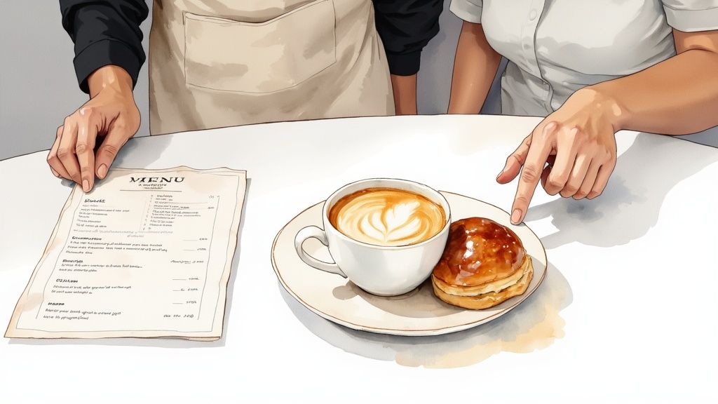 Two people's hands, one holding a menu, the other pointing at coffee and a pastry on a white table.