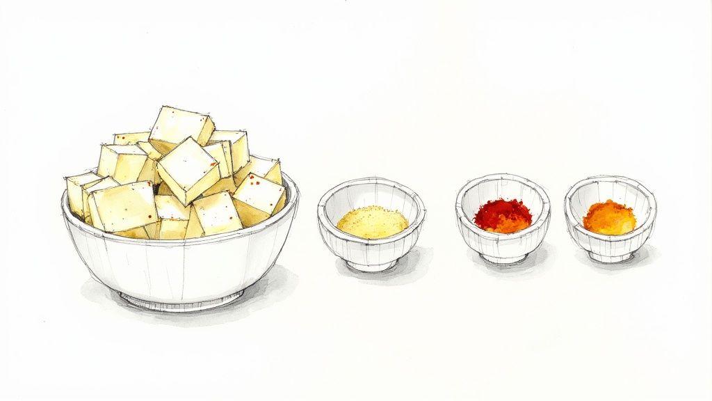 Crispy fried paneer cubes in a bowl, garnished with curry leaves and chili.