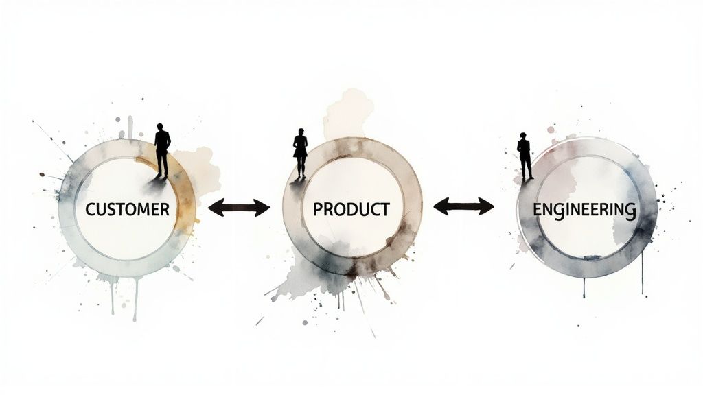 A visual representation of a feedback loop, showing arrows connecting customer insights to product development and back to the customer.
