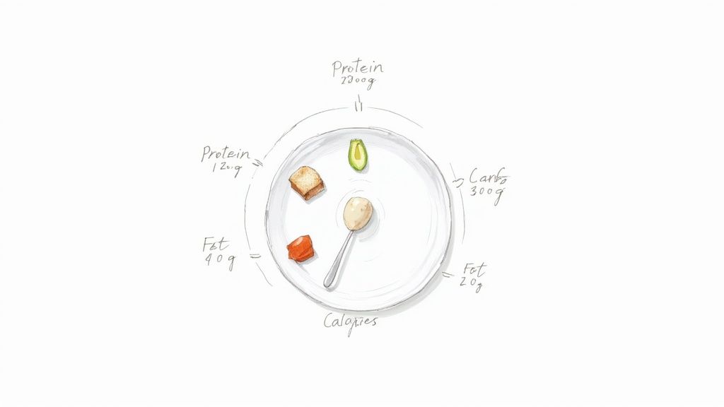 A hand-drawn diagram showing a plate of food portions with macronutrient and calorie labels.