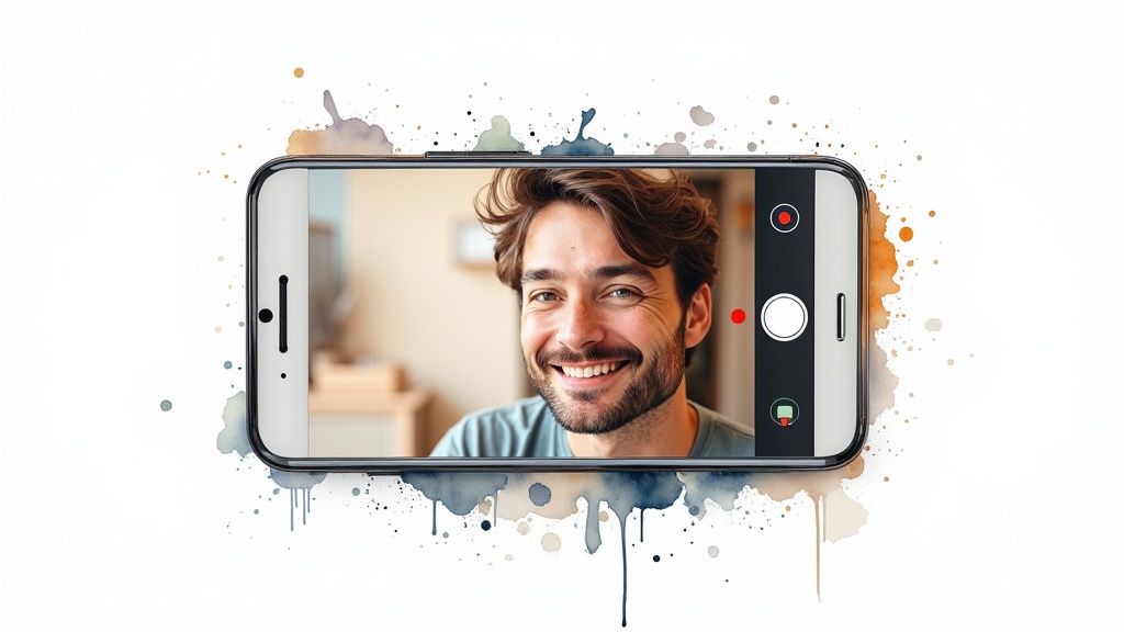 A person enthusiastically recording a video testimonial on their phone.