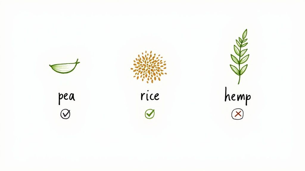Three plant aprotein sources showing pea and rice with checkmarks, hemp with cross mark
