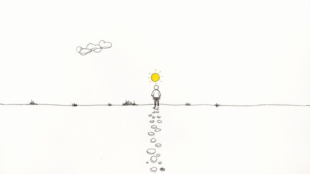 A minimalist drawing of a person walking on stepping stones towards a bright sun.