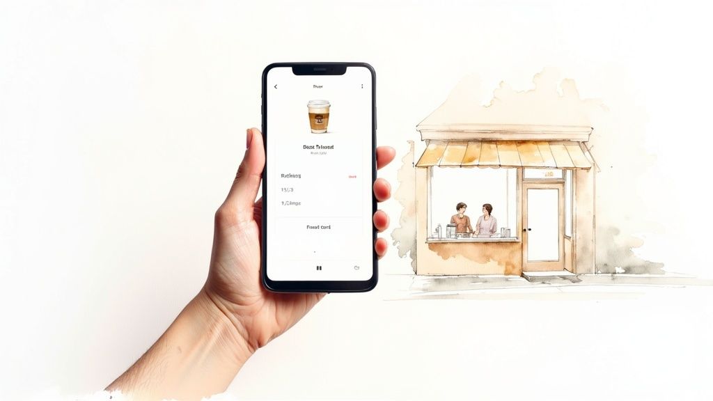 A person holds a phone with a coffee ordering app, watercolor coffee shop illustration in the background.