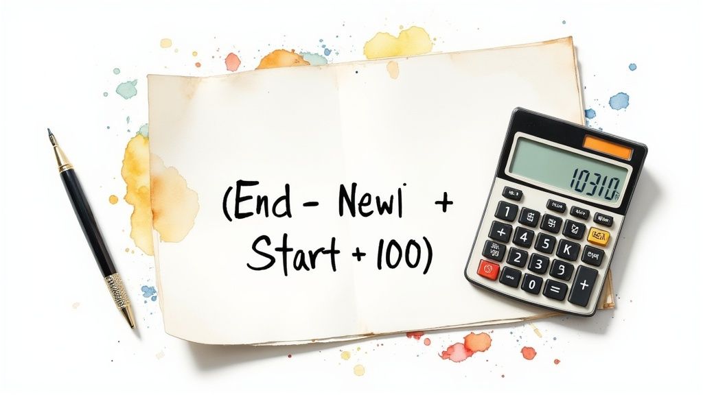 A close-up shot of a calculator screen displaying a customer retention rate formula and a positive percentage result.