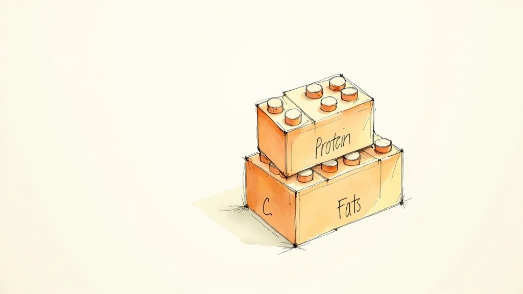 Two hand-drawn stacked building blocks labeled Protein, Fats, and C, representing macronutrients.