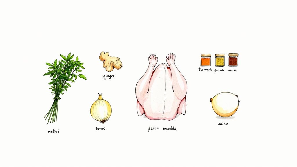 An illustration showing ingredients for a chicken dish, including methi, ginger, onions, a whole chicken, and jars of spices.