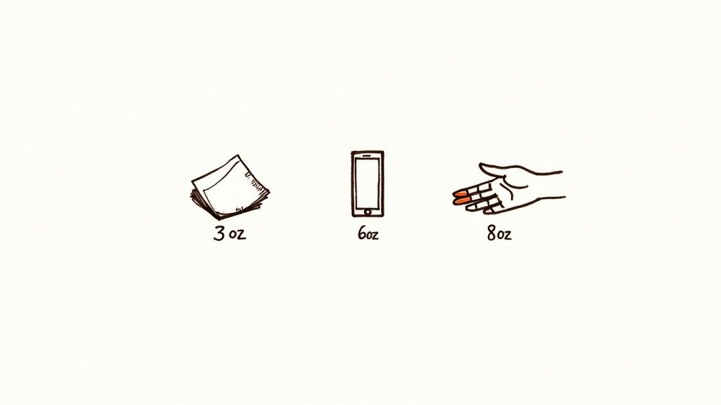 Simple line drawings illustrating different weights: a stack of papers (3 oz), a smartphone (6 oz), and a human hand (8 oz).