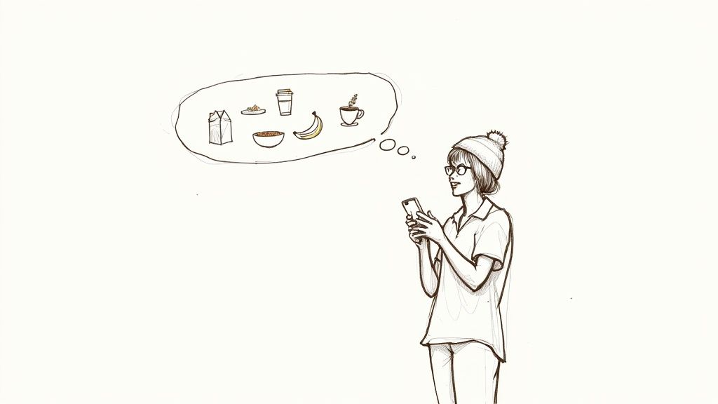 A person speaking into their phone to log a meal, with food icons appearing on the screen.