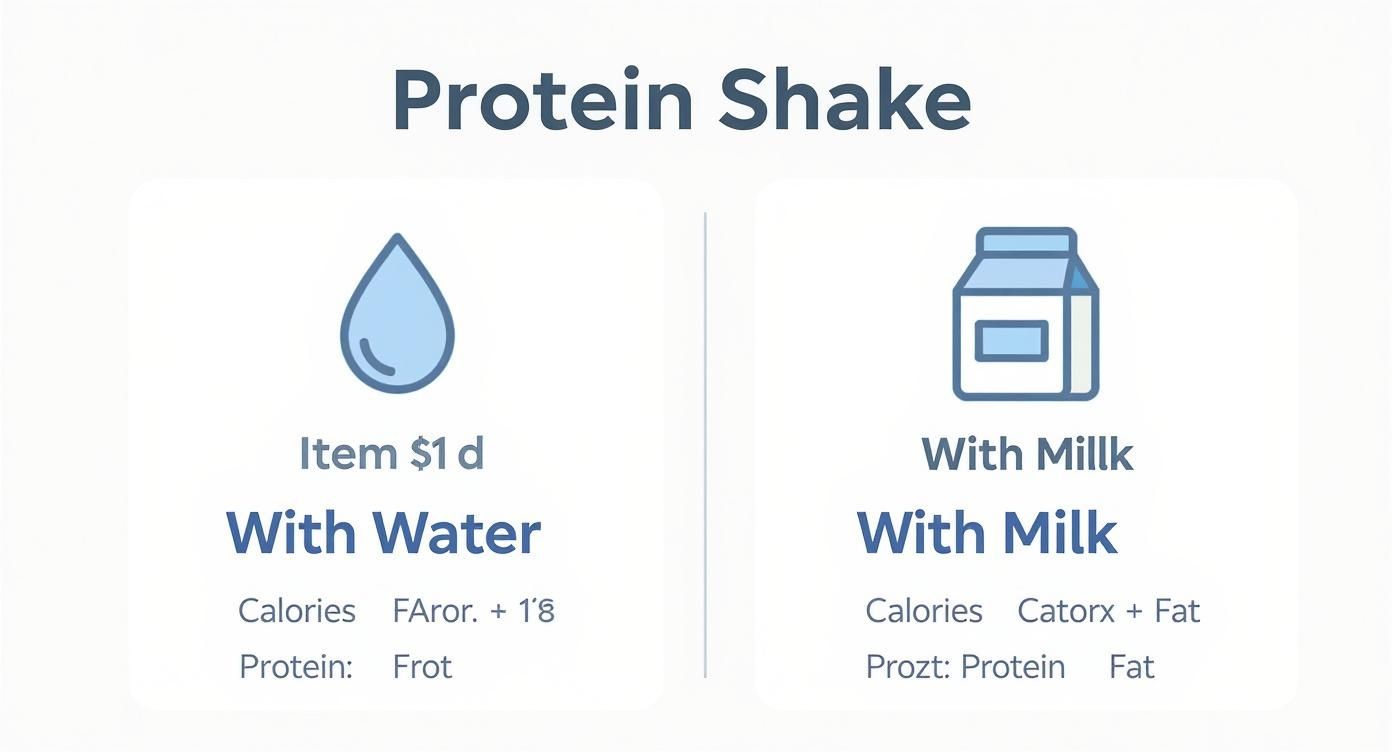 Protein shake nutrition comparison chart showing water versus milk preparation options with calorie information