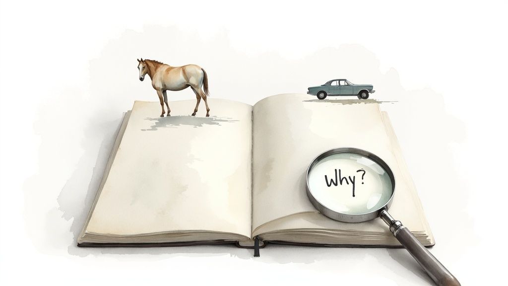 Drawing of a magnifying glass over a magnifying glass over a survey form, symbolizing detective work.