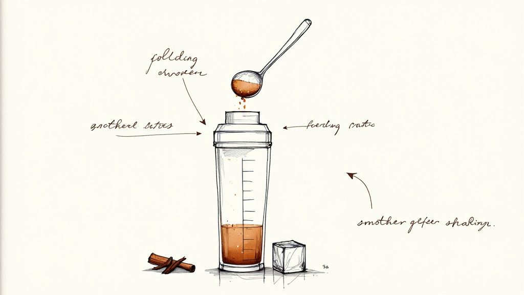 Hand-drawn illustration of a spoon pouring powder into a protein shaker with liquid, ice, and cinnamon sticks.