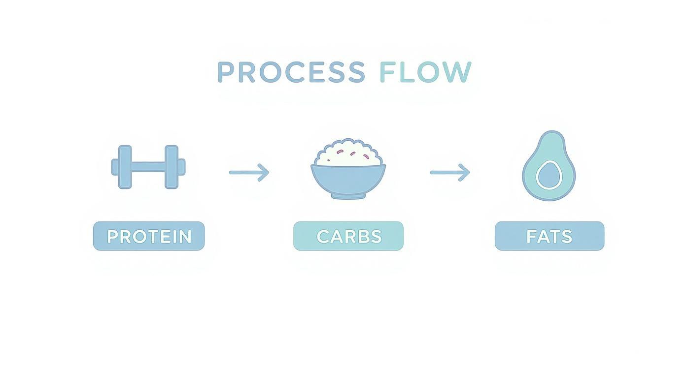 A process flow diagram illustrating protein, carbs, and fats with respective icons and connecting arrows.