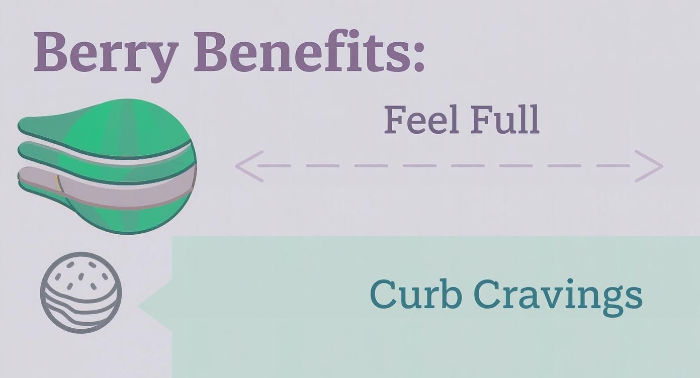 An infographic listing berry benefits: 'Feel Full' and 'Curb Cravings' with accompanying icons.