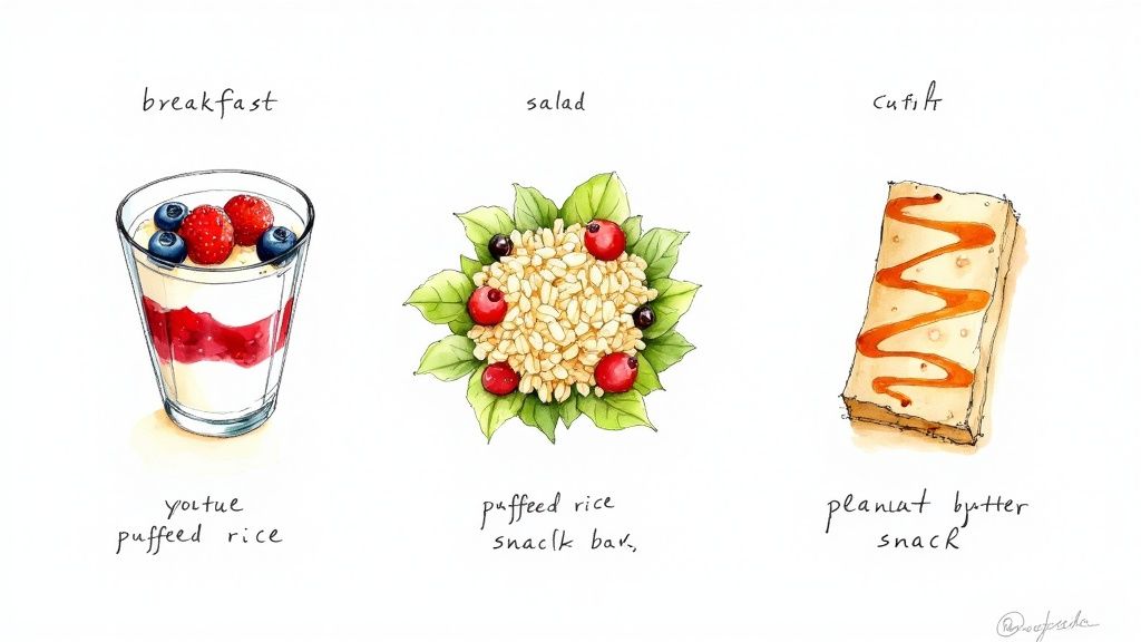 A beautiful breakfast parfait with puffed rice, yogurt, and fresh berries.