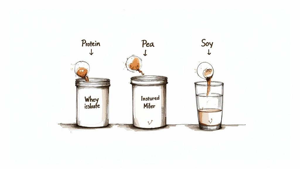Three protein powder containers showing whey isolate, pea, and soy protein with scoops being added