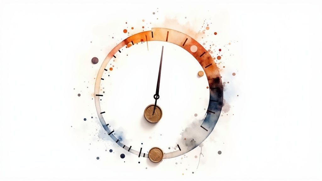 A watercolor style clock dial with hands, color gradients, and scattered coins, symbolizing progress.
