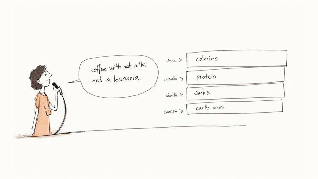 An illustration of a person asking for nutrition facts of coffee with oat milk and a banana.