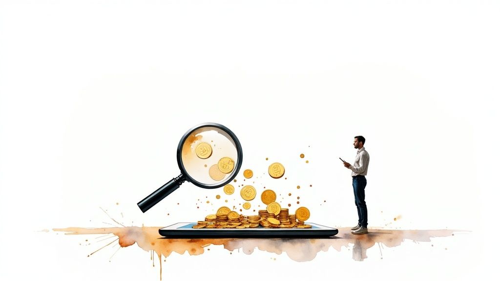A magnifying glass hovers over gold coins on a tablet, while a man observes with another device.