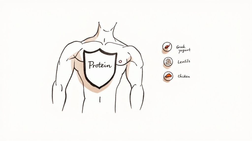 Illustration of a muscular torso with a 'Protein' shield, listing Greek yogurt, lentils, and chicken.
