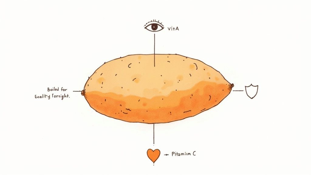 A close-up of a boiled sweet potato showing its rich orange color