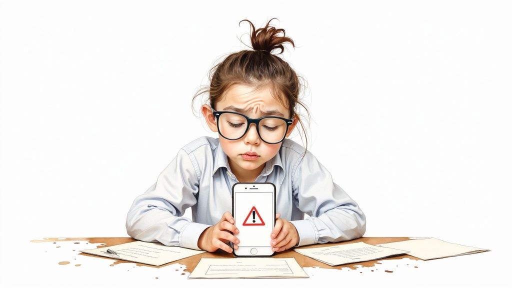 Young girl wearing glasses looking stressed at smartphone displaying warning symbol with paperwork