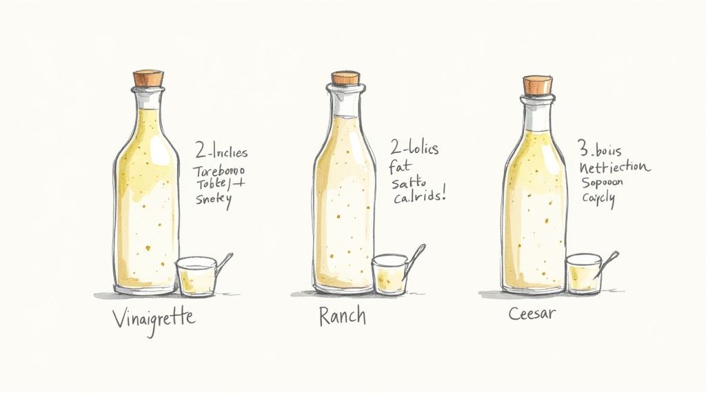 Various salad dressings in small bowls, including vinaigrette and ranch, surrounded by fresh salad ingredients.