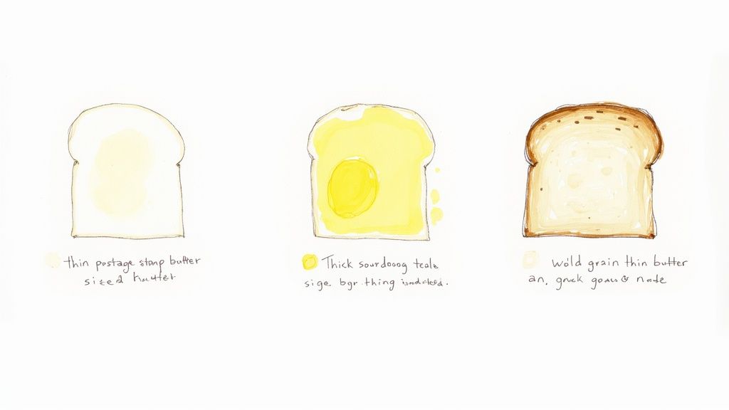 Three illustrations show different buttering methods: thin butter, thick butter, and whole grain bread.